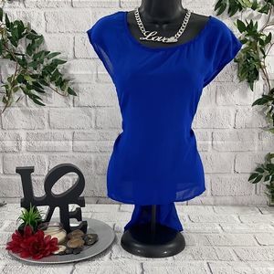 Women’s Dots Blue Draped Detailed Back Sheer Short Sleeve Blouse (XL) CA08